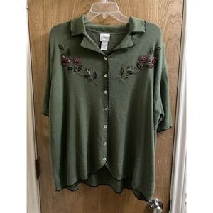 Vintage Koret Women's Short Sleeve Sweater 2X Olive Embroidered Flowers Button